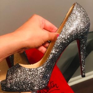 Christian Louboutin Silver Glitter Peep Toe Pumps